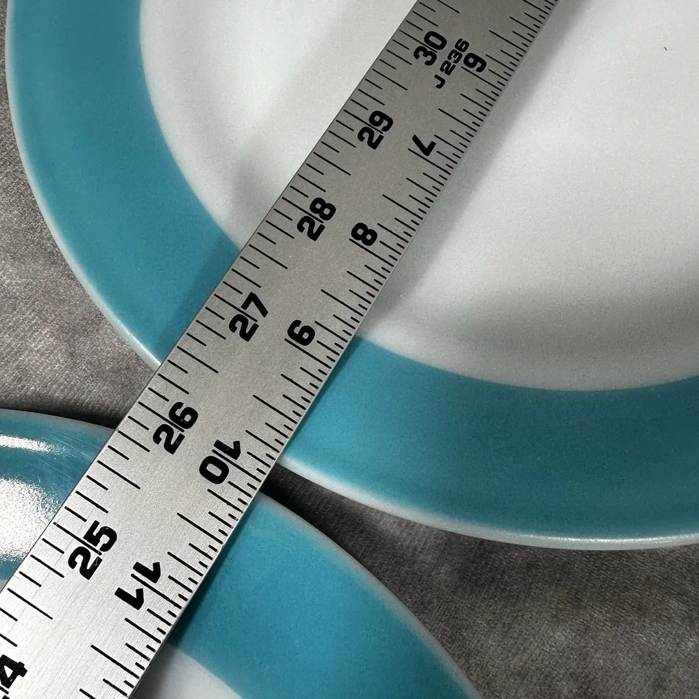 4 Pyrex Milk Glass Turquoise Aqua Wide‎ Rim Band Dinner Plates 9.75